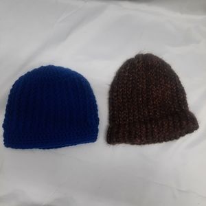 2 hand made knit hats 1 royal blue 1 brown marled stretch Unisex Men Women Kids